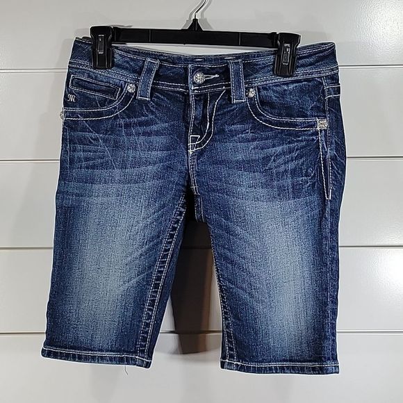 Miss Me Pants - Miss Me Bermuda Jean Short Womens Size 26  Cross with Wings Denim Blue